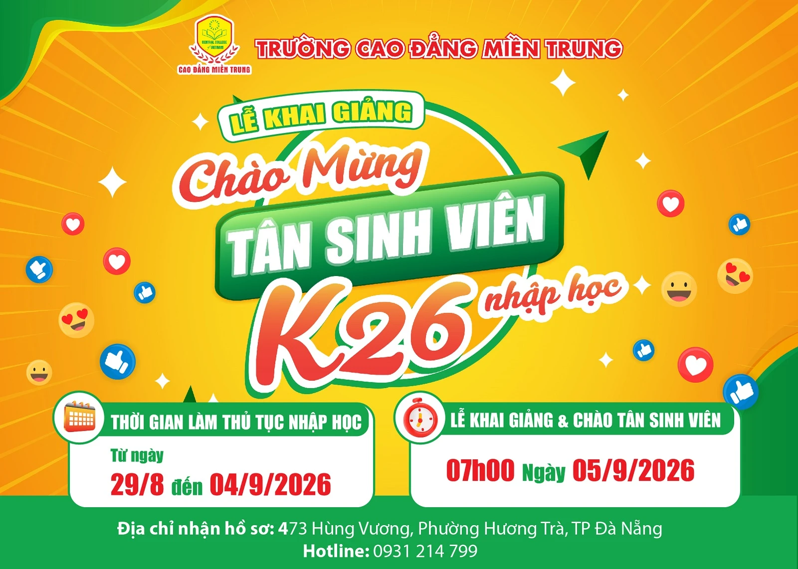 THÔNG BÁO LỄ KHAI GIẢNG VÀ CHÀO MỪNG TÂN SINH VIÊN K26 NHẬP HỌC
